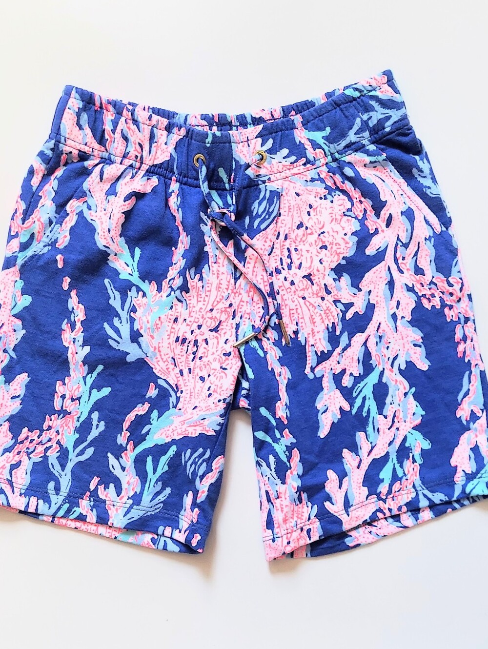 Lilly Pulitzer Coral Print Drawstring Waist Bermuda Shorts Sz XXS Blue Pink
